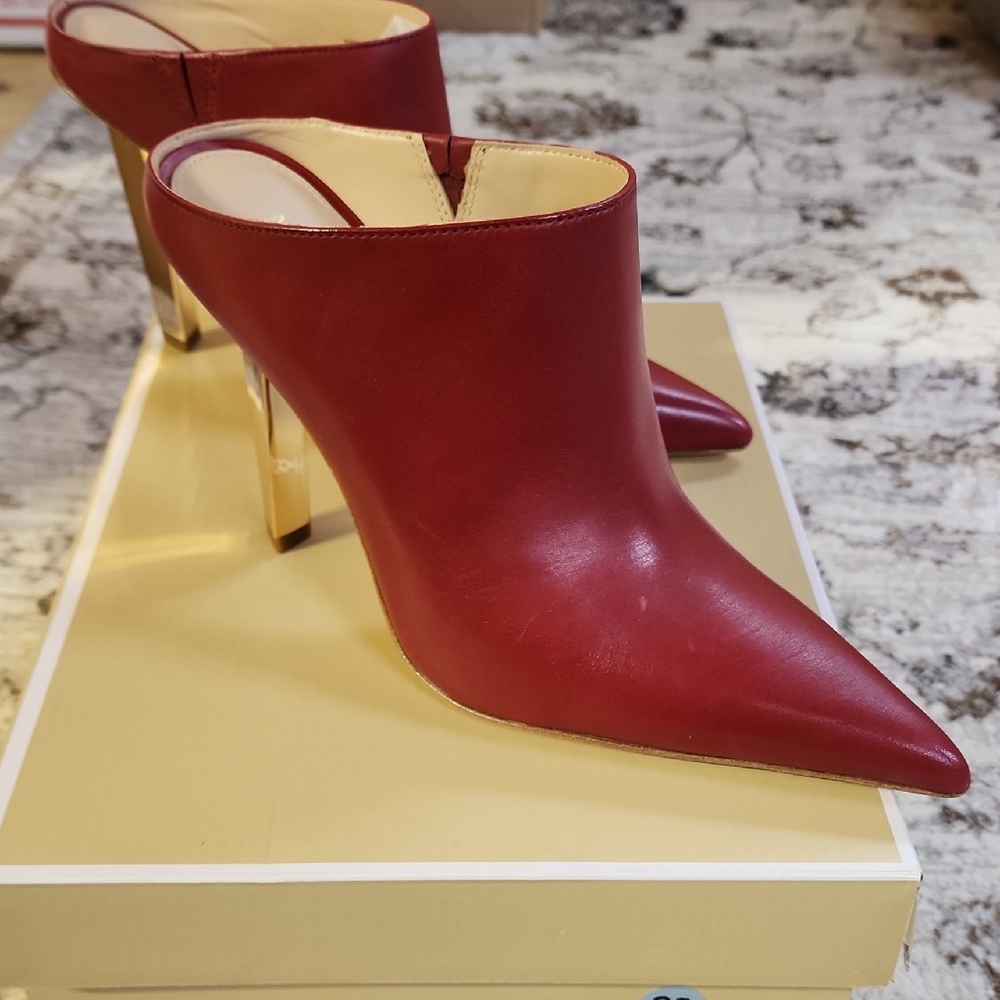 Michael Kors Burgundy Leather Pointed-Toe Heeled Mules with Gold Heel